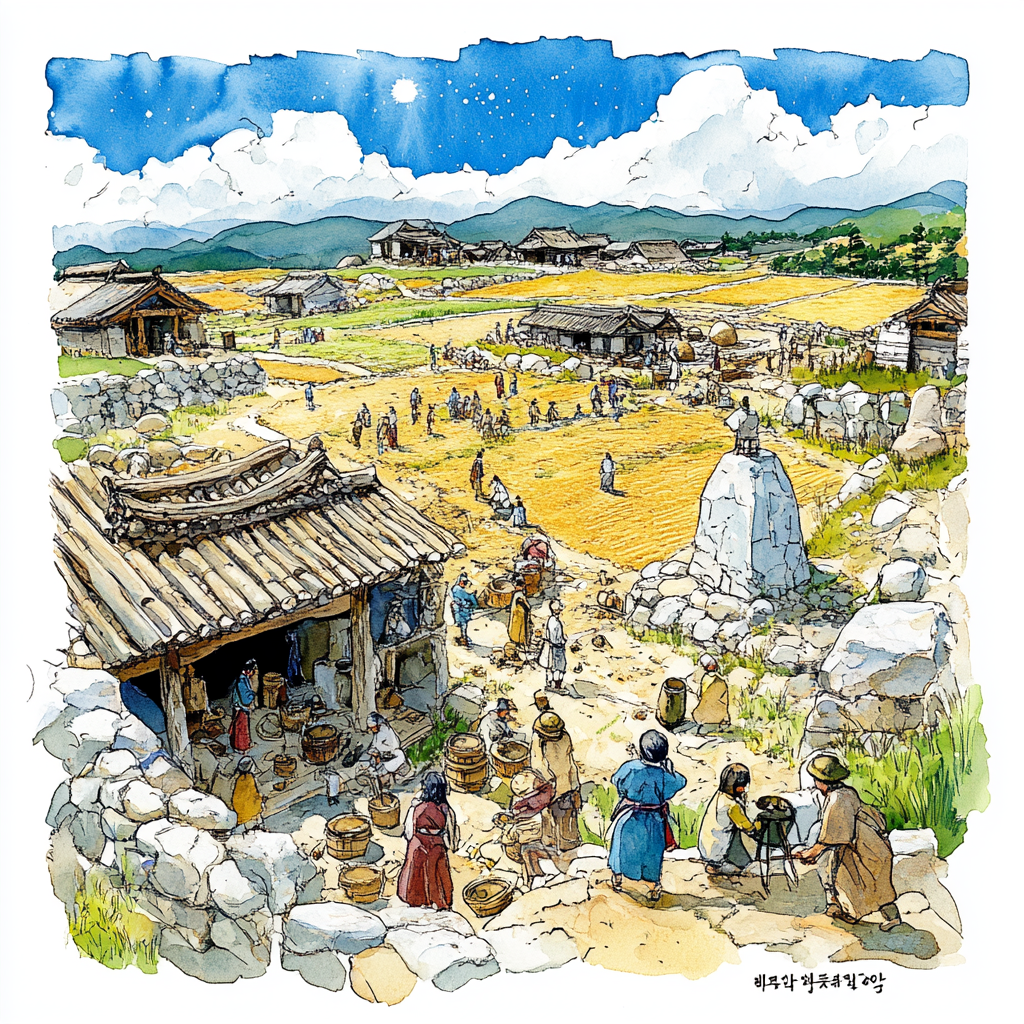 reasonofmoon_A_bustling_ancient_village_in_the_fields_between_c61f08e3-1a49-4d5d-8e01-fbad124c8c0c_0