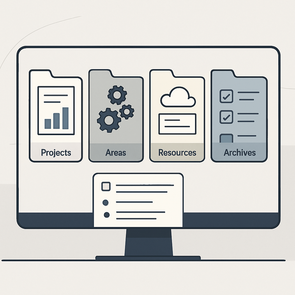 A modern, minimalist educational illustration featuring a clean digital workspace with four distinct, color-coded sections subtly labeled as Projects, Areas, Resources, and Archives (labels not shown visually), represented by organized folders or modules. Each section contains abstract icons such as documents, graphs, gear wheels, cloud storage symbols, and checklist items to symbolize DevOps project management and information organization. The overall composition conveys clarity, structured thinking, and effective information sorting, with sleek lines and a professional, high-quality aesthetic. No human faces, text, or specific brand references; the image suggests learning, productivity, and streamlined workflow.