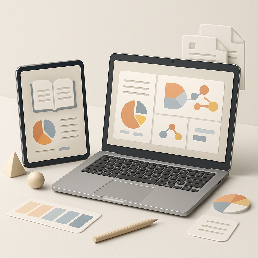 A modern, minimalist workspace scene featuring digital devices such as a laptop and tablet displaying visually appealing educational materials, stylized charts, infographics, and document icons. Arranged neatly with hints of creative tools like geometric shapes, pencil, and color palettes, the composition should emphasize the process of creating high-quality learning resources using popular digital methods. Clean lines, soft lighting, neutral tones, and an overall professional, educational atmosphere without text or human faces.