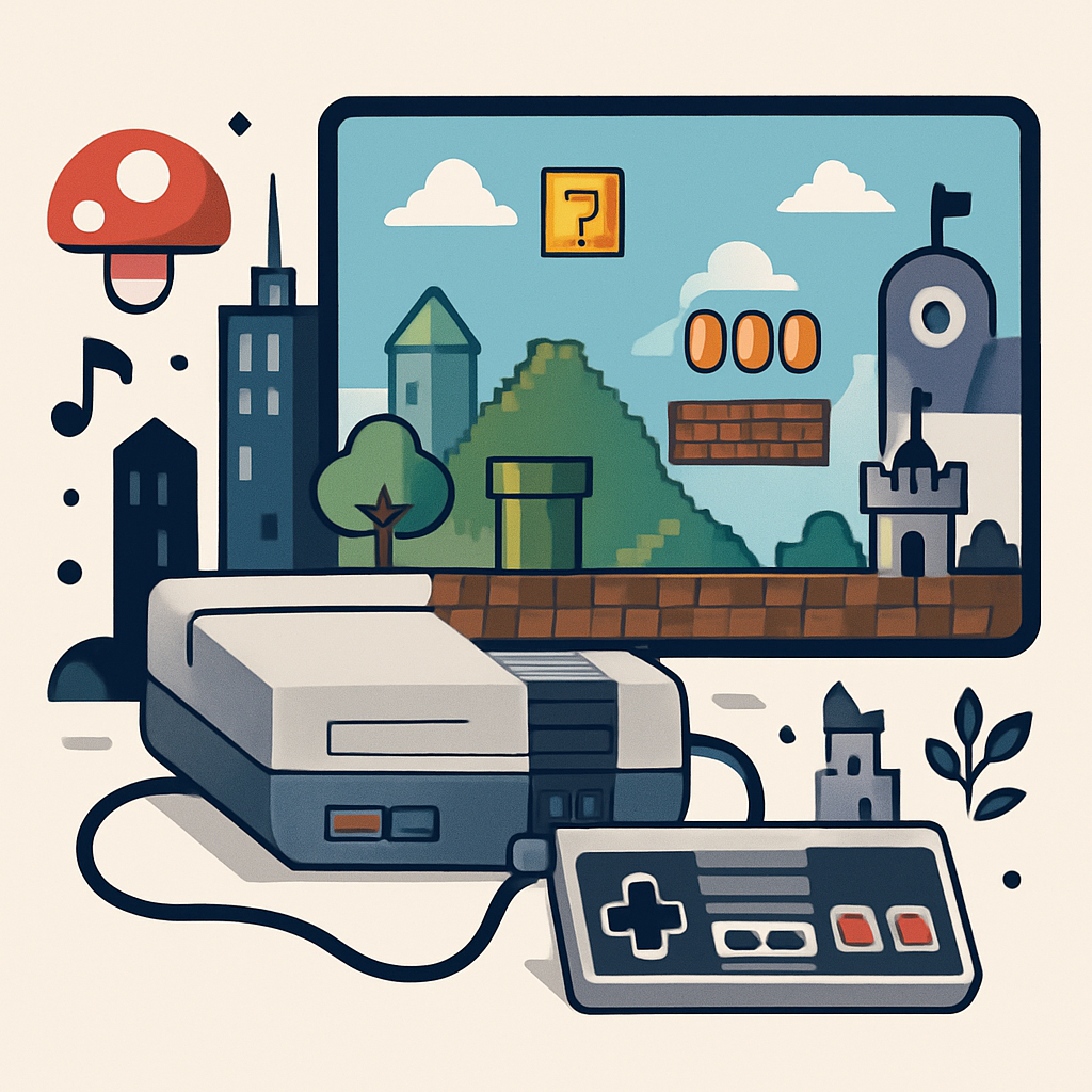 A modern, minimalist, high-quality web illustration featuring a retro gaming console and pixelated landscape, evoking themes of classic adventure and vintage gameplay. Include abstract elements symbolizing cultural legacy and unique worldbuilding, such as quirky urban environments, imaginative icons, and subtle nods to popular franchises, all rendered in clean, professional style without any text or specific character references.