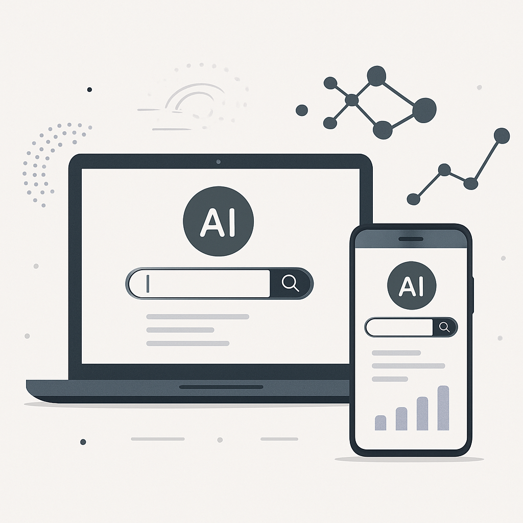 A modern, minimalist, and professional illustration showing a sleek laptop and smartphone displaying an AI-powered search interface, with abstract digital elements symbolizing innovation, machine learning, and data analysis. The scene conveys practical usage and cutting-edge technology, highlighting intuitive user experience and actionable insights. The color palette is clean and sophisticated, suitable for web content, and the image is free of text or recognizable logos, focusing instead on general concepts of artificial intelligence, smart searching, and real-world application.