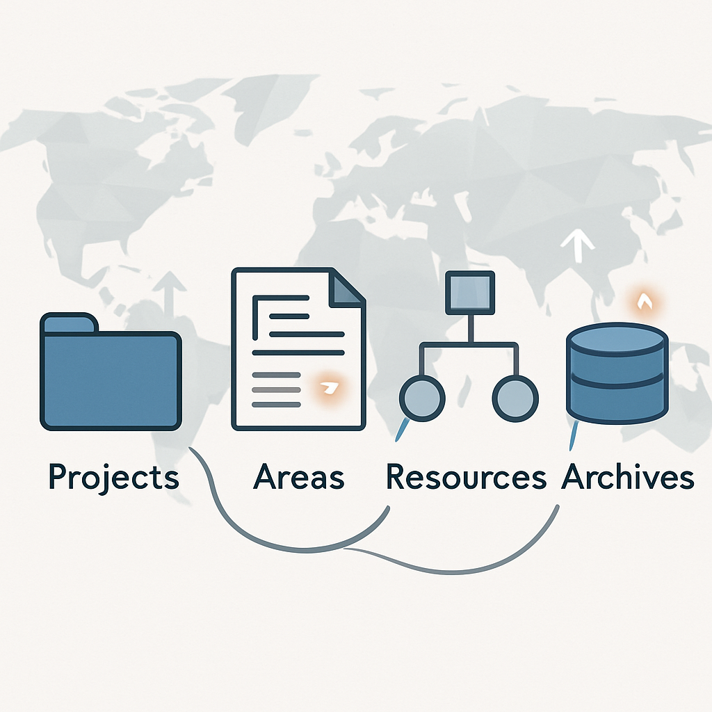 A modern, minimalist infographic-style illustration representing the PARA framework: four smoothly connected sections labeled Projects, Areas, Resources, and Archives, each as abstract icons (folders, documents, flowcharts, databases). In the background, a stylized world map composed of geometric shapes indicating global impact. Include small success indicators like upward arrows or glowing dots. The overall design should convey learning, organization, and educational value in a professional, clean style, without any human faces or text.