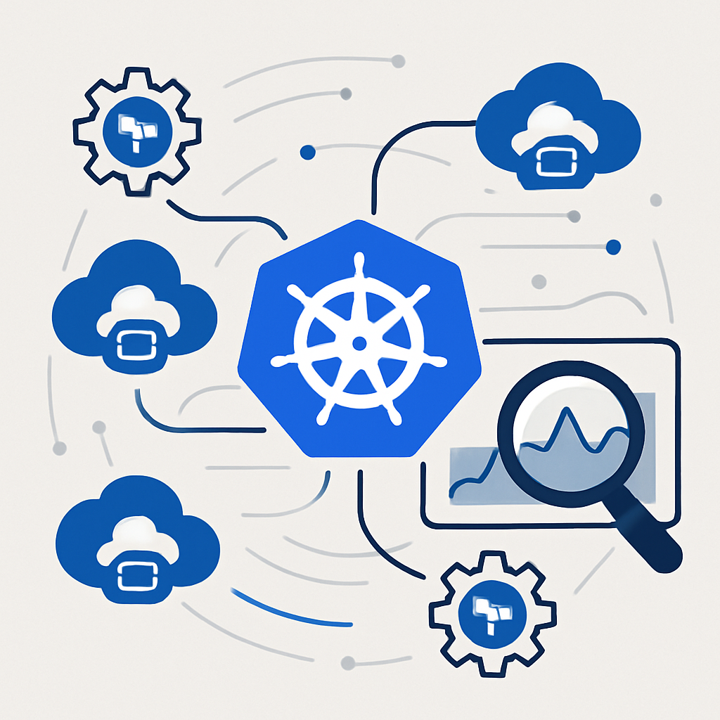A modern, minimalist illustration showcasing cloud infrastructure analysis: visualize a stylized Kubernetes cluster symbol connected to CoreDNS icons, with abstract lines representing network traffic and data flow. Surround the cluster with Terraform gears or automation symbols, and highlight problem-solving elements like magnifying glass or diagnostic graphs. Use clean, professional colors and sharp contrasts to convey technical expertise and troubleshooting in an AWS EKS environment. No text included.