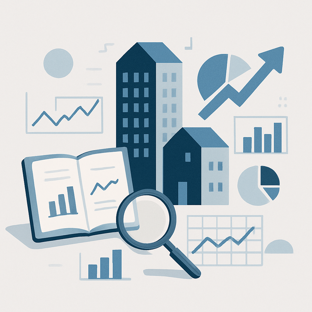 A modern, minimalist educational image depicting the analysis of 2025 real estate policies and market trends. Show abstract buildings, stylized charts, data graphs, and growth arrows, arranged on a clean background with subtle blue and gray tones. Incorporate elements like open notebooks, magnifying glass, and geometric shapes to evoke a sense of learning and knowledge. No text, no specific brands or characters, no human faces. High-quality, professional, and suitable for educational content.