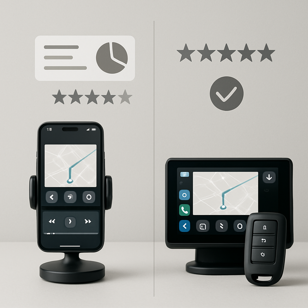 A modern, minimalistic comparison layout showcasing wireless automotive technology devices, with sleek gadgets and interface icons arranged side by side in a clean, professional environment. Include abstract rating symbols and review graphics, such as stars and checkmarks, to represent user feedback and analysis. Ensure the color palette is neutral and sophisticated, emphasizing the educational and analytical nature of the content. No text or brand names; highlight conceptual differences with subtle visual cues and keep the style polished and suitable for an educational context. No faces or people visible.