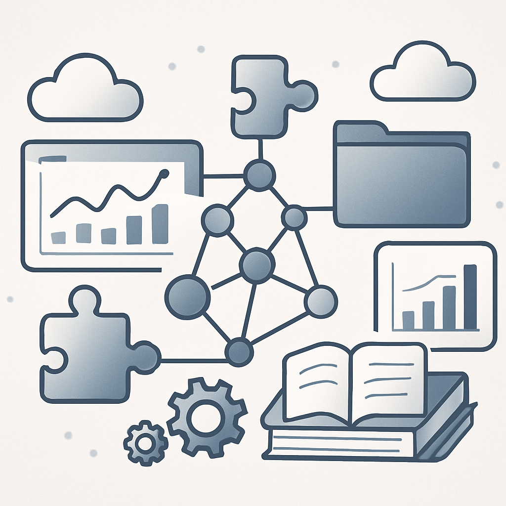 A modern, minimalistic illustration showing interconnected diagrams, cloud icons, and digital tools such as dashboards, charts, and books. The image should feature floating puzzle pieces and overlapping nodes representing knowledge sharing, with stylized folders and gears indicating management processes. Use a clean, professional color palette with subtle gradients, and ensure the composition evokes a sense of learning, strategy, and professional development in a DevOps environment. Do not include any text or recognizable faces—focus on abstract, educational, and tech-inspired elements suitable for a high-quality educational content image.
