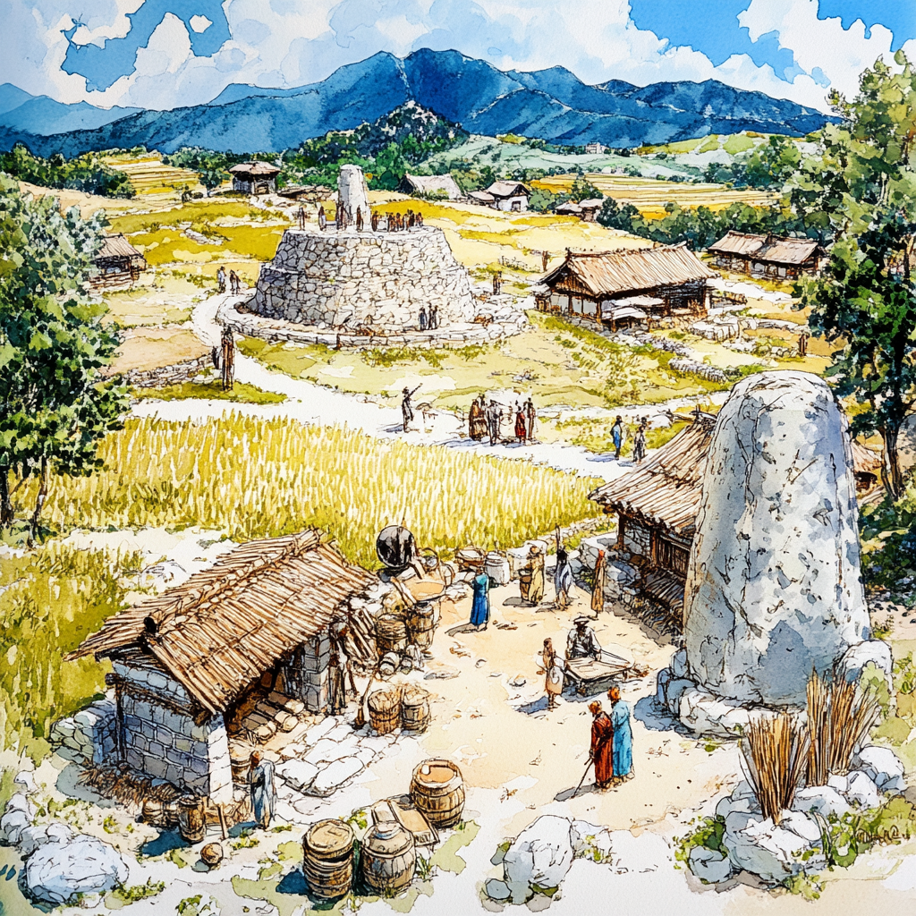 reasonofmoon_A_bustling_ancient_village_in_the_fields_between_c61f08e3-1a49-4d5d-8e01-fbad124c8c0c_3