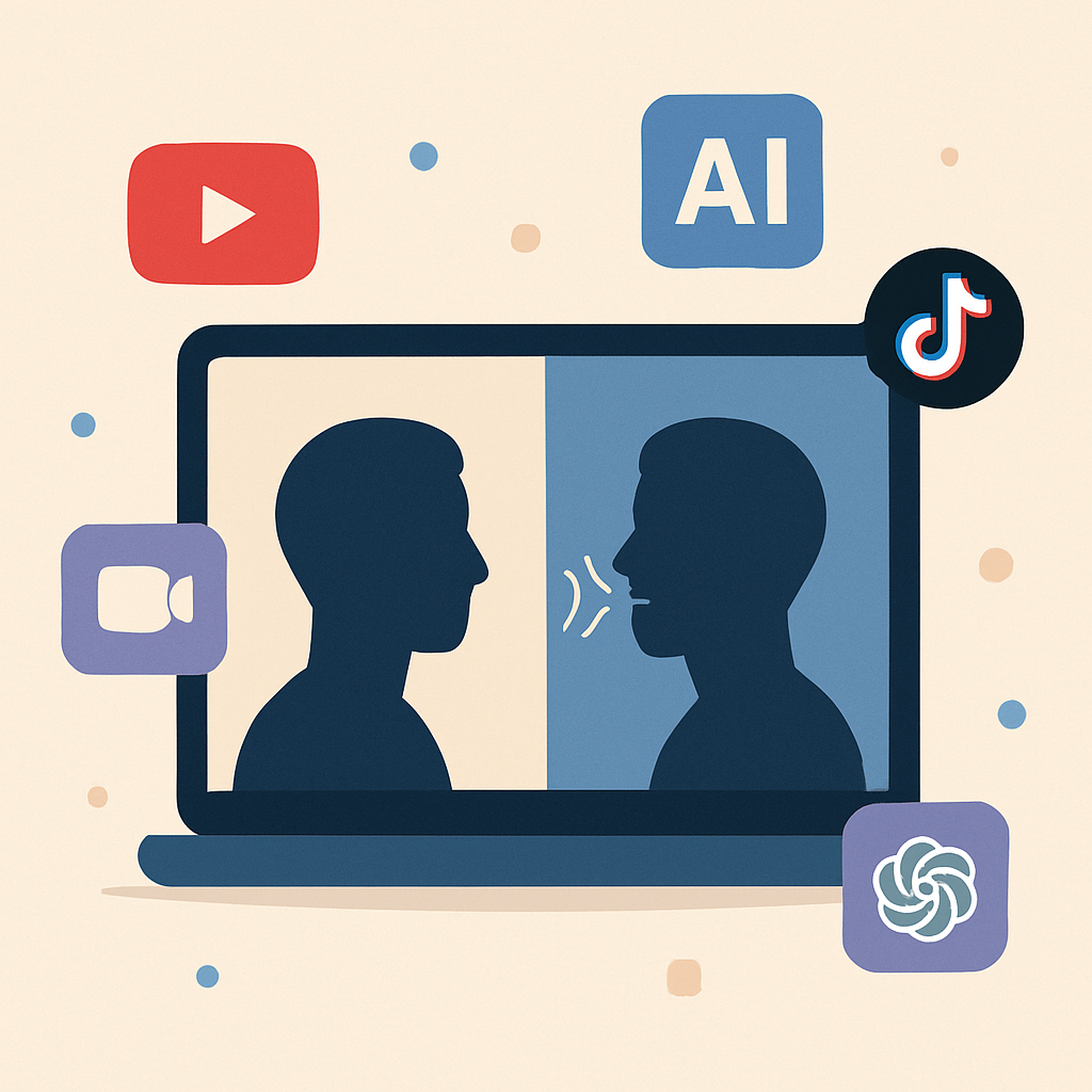 A modern, minimalist educational image illustrating AI-powered lip sync video creation technologies: show a stylized computer or tablet displaying a split screen, with one side featuring a static photo and the other side showing dynamic visual waves or motion lines implying animated mouth movement. Add abstract icons representing popular video platforms and AI tools, arranged cleanly around the device to suggest diverse applications. Use simple geometric shapes, soft gradients, and a professional color palette. Exclude text, Korean characters, and faces; focus on conveying learning and knowledge in a high-quality, clean style suitable for educational content.