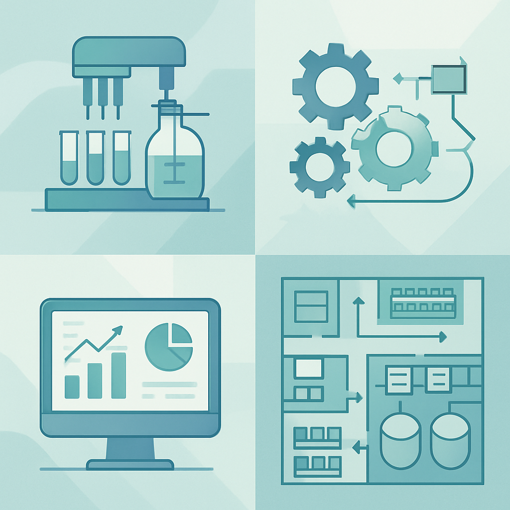 A modern, minimalistic educational illustration showing key strategies for productivity improvement in medical and biotech production fields: abstract representations of automated laboratory equipment, streamlined workflows with interconnected gears and flowcharts, data analytics dashboards, and organized facility layouts. The design should be clean and professional, featuring muted blue and green tones, soft gradients, and geometric shapes to convey efficiency and innovation. No text, human faces, or specific brands—focus on universal concepts of optimization and scientific advancement suitable for a high-quality educational resource.