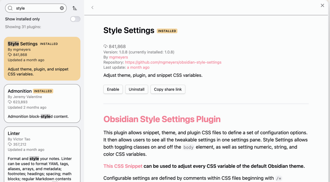[옵시디언 플러그인 ] Style Settings (CSS 스닛펫 설정) image 1