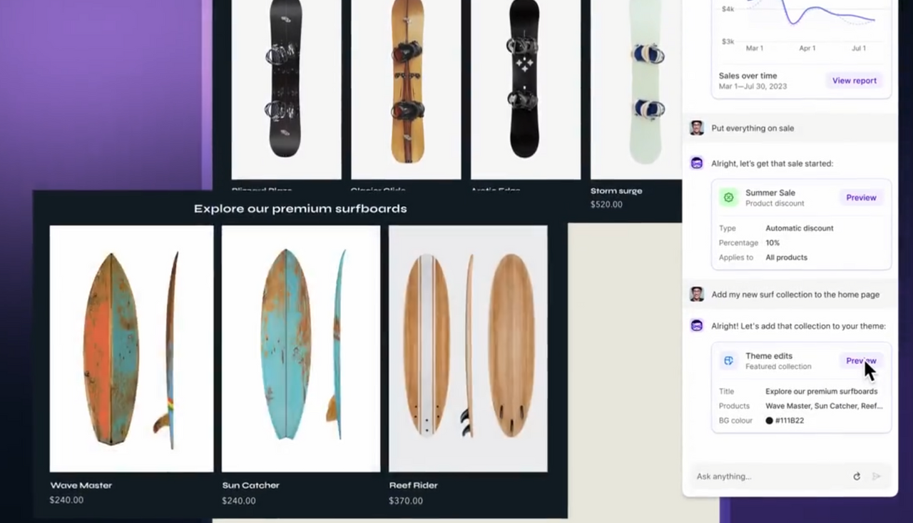 Shopify 가 기업가를 돕는 Sidekick AI를 공개 - 새로운 서핑 보드 컬렉션을 홈페이지에 추가해줘. image 1