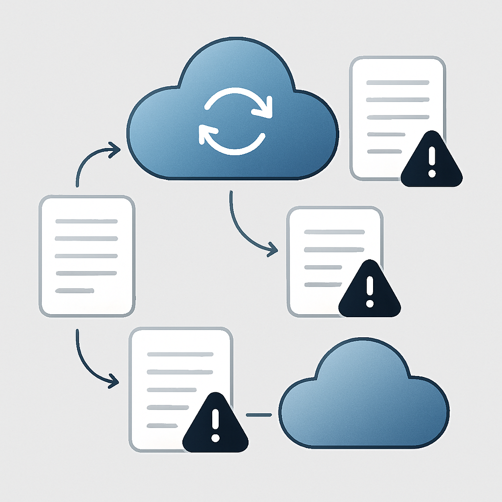 A modern, minimalist illustration showing interconnected cloud icons and digital note sheets, representing seamless synchronization. Depict both positive aspects, like smooth data flow and accessibility, and potential downsides, such as warning or exclamation symbols near some notes, suggesting sync issues. Use a sleek color palette with professional gradients, clean lines, and visually balanced composition suitable for web content. No text, logos, or brand-specific imagery; the focus should be on general concepts of cloud storage, synchronization, and digital note-taking.