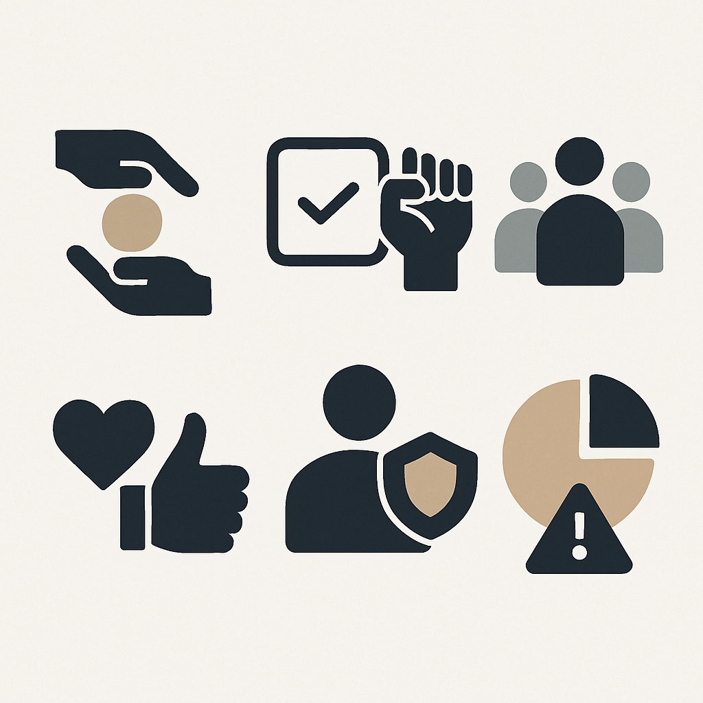 A modern, minimalistic and professional educational image illustrating the six principles of persuasion by Robert Cialdini. Show six distinct, abstract icons or symbols arranged in a clean grid or circular layout, each representing core concepts like reciprocity, commitment, social proof, authority, liking, and scarcity. Use neutral, sophisticated colors and geometric shapes to suggest structure and clarity. Avoid faces, text, and specific brand references, ensuring a high-quality visual suitable for learning content.