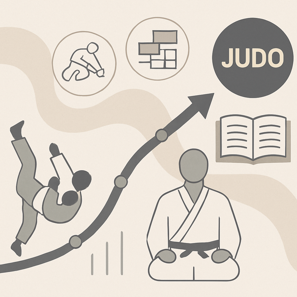 A modern, minimalist educational illustration representing the founding process of Judo and the pivotal role of a key figure. The image should feature symbolic elements such as abstract martial arts movements, evolving techniques, and a flowing timeline, demonstrating transformation and development. Use clean lines, neutral colors, and geometric shapes to convey the progression and integration of classic methods into a popular concept. Avoid human faces or direct textual references—focus on visual cues that evoke learning, knowledge, and innovation in martial arts. High-quality and suitable for professional educational content.