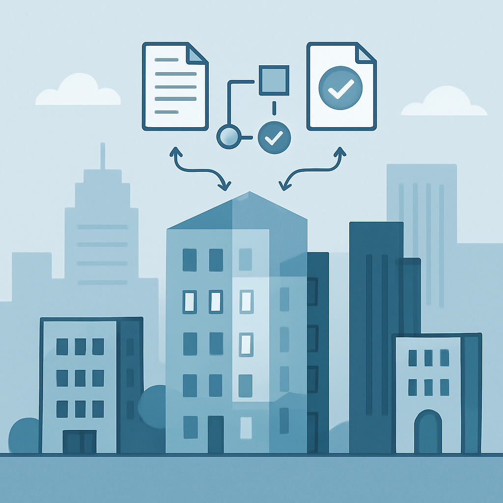 A modern, minimalist illustration showing a stylized cityscape with several buildings, one building highlighted with transparent layers symbolizing transition from illegal to legal status. Include document icons, checkmarks, and abstract flowcharts connecting steps to suggest regulatory procedures and recent policy changes. Use cool, professional colors and crisp lines to convey an educational atmosphere focused on knowledge and learning, without any text or human figures.