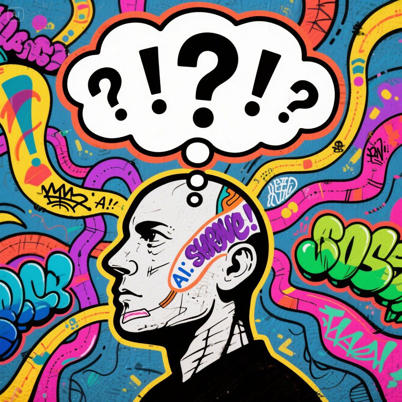 _A thought bubble above a stylized head, filled with dynamic, question-mark-shaped graffiti tags and