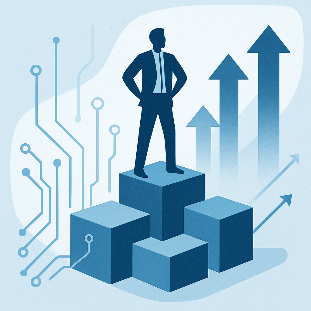 A modern, minimalist illustration representing innovative leadership and growth in technology--depict an abstract figure standing confidently atop interlocking geometric shapes symbolizing building blocks of progress, with circuit patterns and upward arrows suggesting evolution, strategic thinking, and entrepreneurial spirit. Use cool tones like blue and white for a professional, educational atmosphere. No faces, text, or brand names; the image should visually convey learning, visionary management, and the rise of a popular tech concept.