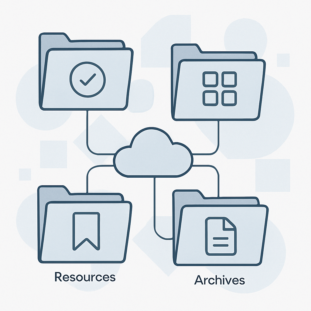 A modern, minimalist illustration showing four interconnected digital folders labeled as Projects, Areas, Resources, and Archives, each represented by sleek abstract icons. The folders are arranged around a central cloud platform, with subtle lines connecting them to symbolize the streamlined organization and management of DevOps documentation using the PARA method. Soft blue and gray tones create a professional and educational atmosphere, with overlayed geometric shapes hinting at structure and clarity. No text or human faces.