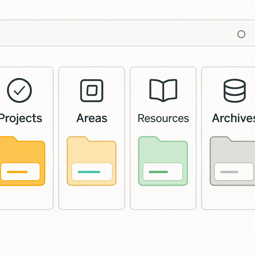 A modern, minimalist digital workspace interface inspired by a popular organization framework, showcasing a dashboard with four clearly labeled sections arranged horizontally: Projects, Areas, Resources, and Archives. Each section features visually distinct icons, simple folders, and color-coded categories, reflecting clean lines and structured layout. The design emphasizes clarity, step-by-step workflow, and educational clarity, with subtle highlights and interactive elements to suggest practical application. No human figures, text, or branded elements—focus on abstract, professional, and educational visual cues.