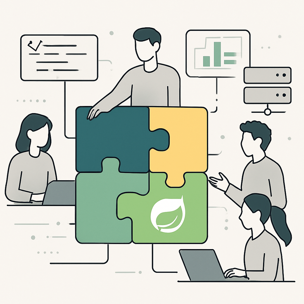 A modern, minimalistic illustration depicting a collaborative software development team working on a Spring Boot multi-module project. Show interlocking, color-coded modules or blocks representing different components, connected by clean lines symbolizing teamwork and maintainability. Highlight abstract code snippets, server icons, or digital diagrams to suggest advanced structure, knowledge sharing, and efficient workflow. The overall style should be professional, clean, and suitable for educational purposes, with a light, sleek color palette and no human faces or text.