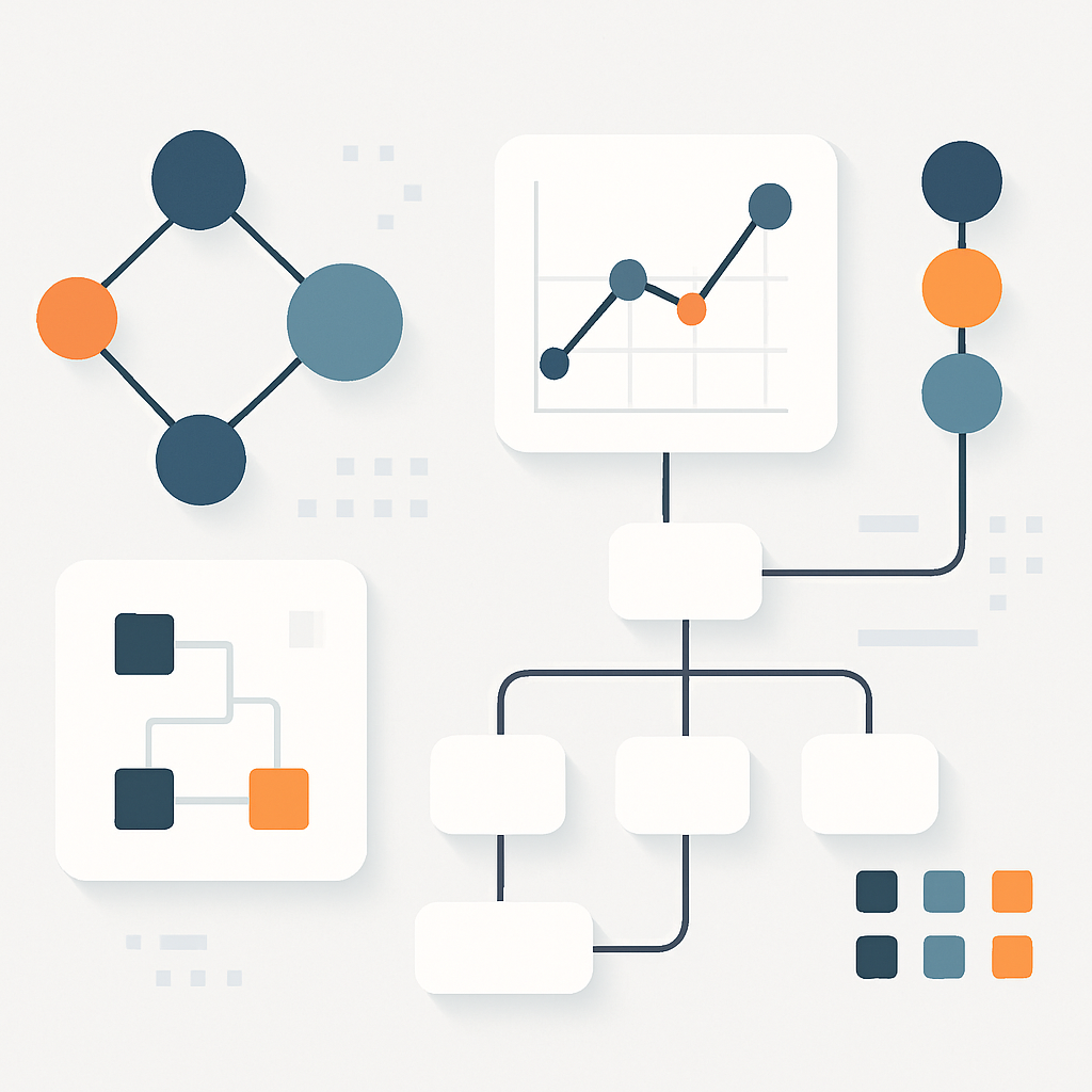 A modern, minimalist illustration representing business ontology concepts: abstract interconnected nodes and graphs symbolizing structured business knowledge, digital data flow, and logical relationships. Elements like clean geometric shapes, organized diagrams, and subtle gradients convey clarity and professionalism. The design should evoke education, understanding complex systems, and learning, without text, faces, or direct brand references. High-resolution, sleek, and suitable for professional educational content.