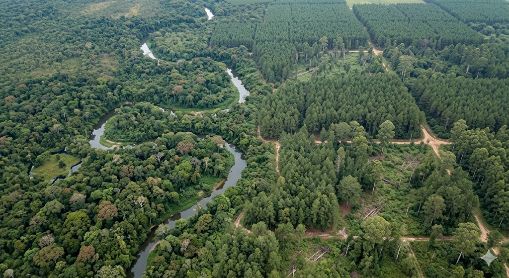 자연림(왼쪽)과 인공 숲(오른쪽) 경계 - 실제 위성 이미지 기반 AI 분석