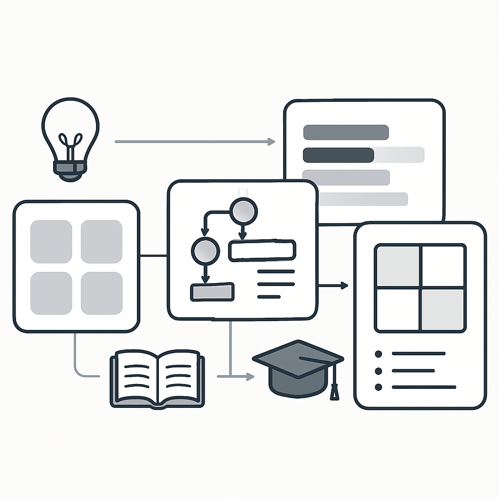 A modern, minimalistic educational illustration showing interconnected digital dashboards representing a step-by-step implementation of a classic organizational method, with four structured categories symbolizing a systematic approach. Display abstract diagrams and flowcharts on clean screens, connected by subtle lines, against a white background. Highlight elements of learning, guidance, and streamlined knowledge management, all rendered in a professional and high-quality style, without any text or human faces.