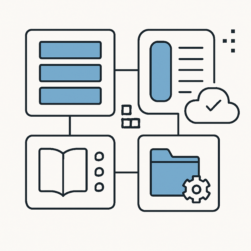 A modern, minimalist illustration representing the PARA framework and DevOps learning guide analysis. The image features organized abstract shapes symbolizing structure: four distinct sections for Projects, Areas, Resources, and Archives, interconnected with clean lines and digital motifs. Include subtle icons for data flow, systems, and learning (such as books, gears, cloud elements) to convey education and systematic study. The overall style is professional, high-quality, and suitable for educational content, with a clean white or light background and no human figures or text.