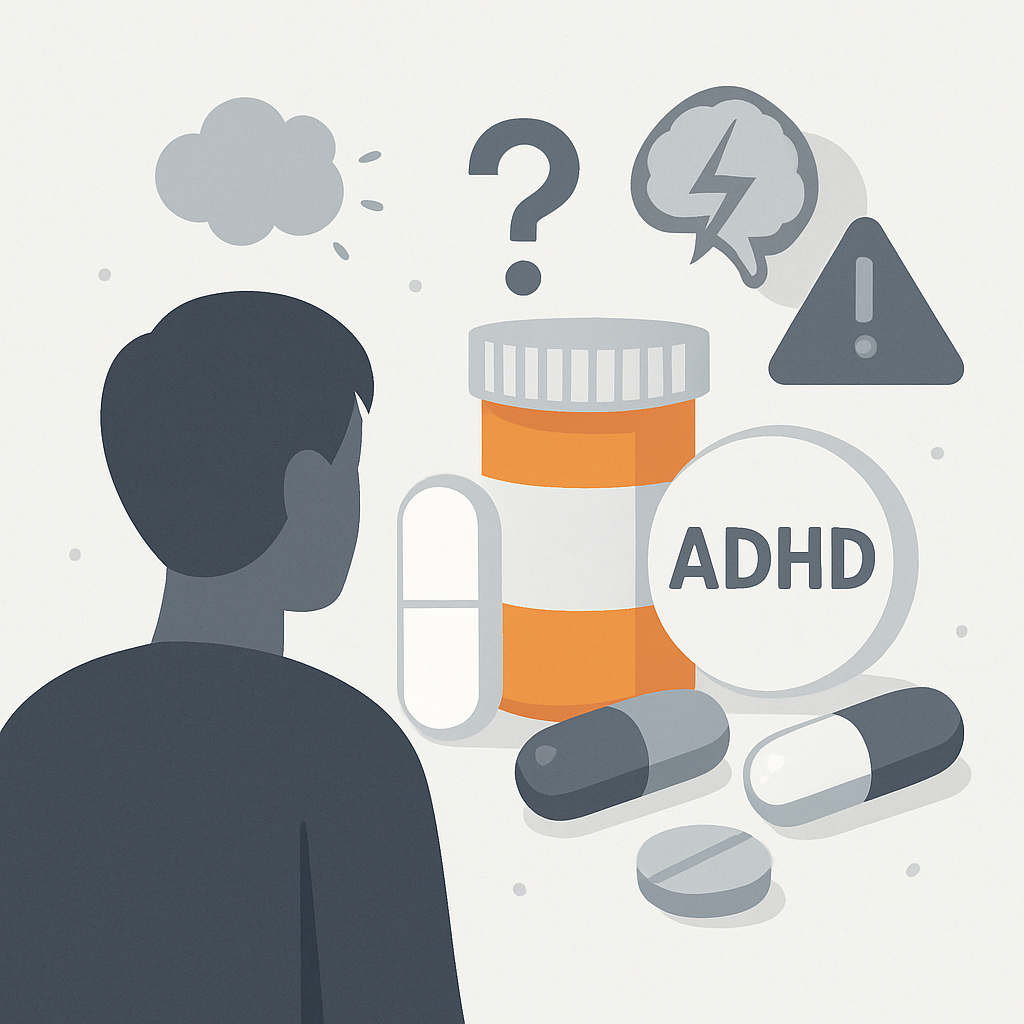 A modern, minimalistic illustration depicting an adult figure facing assorted pills and medication, with subtle symbols representing side effects, uncertainty, and medical concerns surrounding ADHD treatment in 2025. The image should visually convey the concepts of treatment limitations, negative outcomes, and current scientific controversy, using a clean, professional style suitable for web content. No text, branding, or specific characters.
