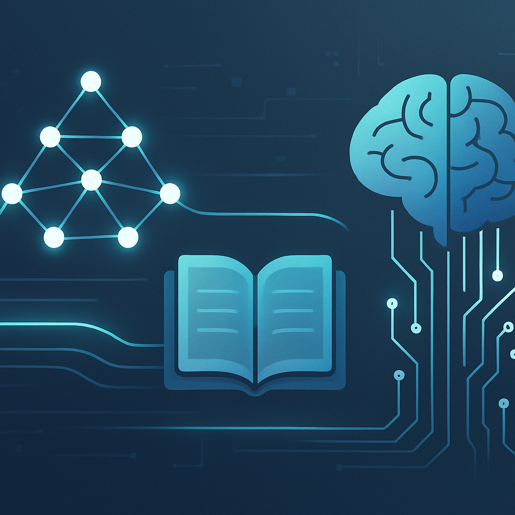 A modern, minimalist illustration representing advanced AI technology and machine learning, featuring abstract neural network elements, interconnected nodes, digital circuits, and glowing lines forming a sleek, organized data flow. The composition conveys the concept of knowledge, education, and up-to-date information in a professional, clean style, with cool tones and gradients. No human figures, text, or recognizable brands; suitable for educational content about state-of-the-art AI models.