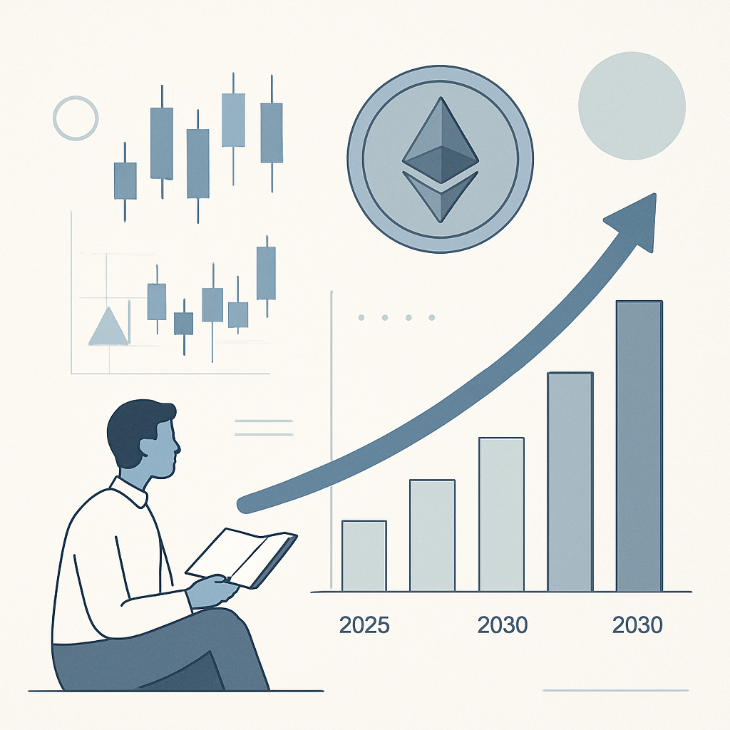 A modern, minimalist educational illustration showing a rising Ethereum coin symbol integrated with futuristic data graphs, abstract candlestick charts, and geometric shapes representing long-term investment and future trends from 2025 to 2030. The scene should convey a sense of knowledge, analysis, and learning. Use clean lines, soothing colors, and professional style; no faces, brands, or text.