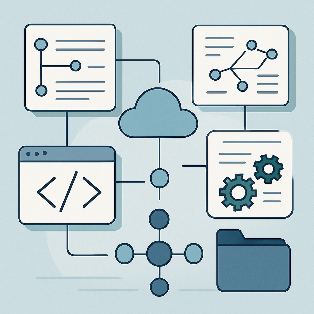 A modern, minimalist illustration of a digital workspace showcasing interconnected notes, mind maps, and flowcharts representing knowledge management and learning. Central elements feature abstract icons of cloud storage, code snippets, gears, and folders, symbolizing DevOps tools and efficient note-taking. The design uses clean lines, cool tech-inspired colors, and subtle gradients to convey professionalism and educational purpose. No human faces, text, or specific brand references—just abstract visual representations of learning, organization, and career growth in a tech environment.