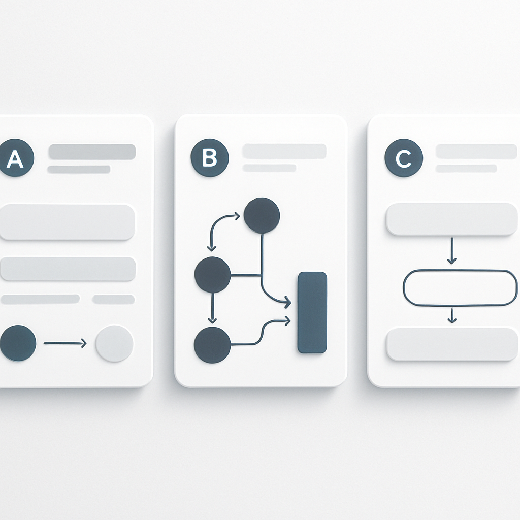A modern, minimalist comparison scene of three automation workflow tools represented by sleek, abstract interface panels or dashboard elements labeled A, B, and C. Seamless connections of digital nodes and arrow flows visualize workflow automation. The color palette is clean, professional, and tech-inspired. The background is crisp and white or light gray, emphasizing clarity and expertise. No recognizable branding or text; just symbolic representations of smart software solutions for workflow automation in 2025. Designed for high-quality web content with an expert, polished look.