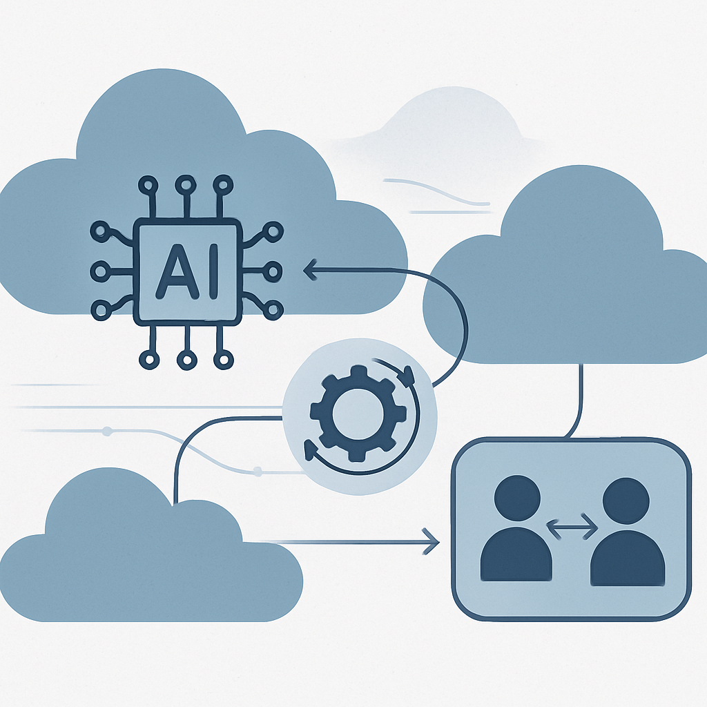 A modern, minimalistic illustration depicting cloud computing workflow automation: abstract cloud elements connected with sleek data flow lines, symbolizing integration between two software platforms. Include stylized icons suggesting AI, automation, and seamless digital collaboration. Use cool blues and neutral tones for a professional, clean look. No text or specific branding. High-quality and suitable for web content.