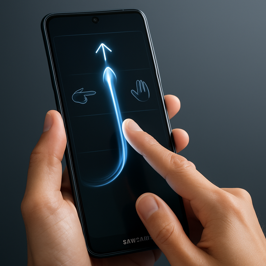 A modern and minimalistic high-quality image showing a Samsung Galaxy smartphone in use, with a highlighted hand performing advanced and subtle gesture controls on the screen. Visualize dynamic gesture icons or light trails to represent hidden and enhanced gestures, surrounded by a sleek, tech-inspired interface. The composition should exude professionalism and innovation, suitable for a blog post about maximizing smartphone usability through expert tips and advanced settings, without any text.
