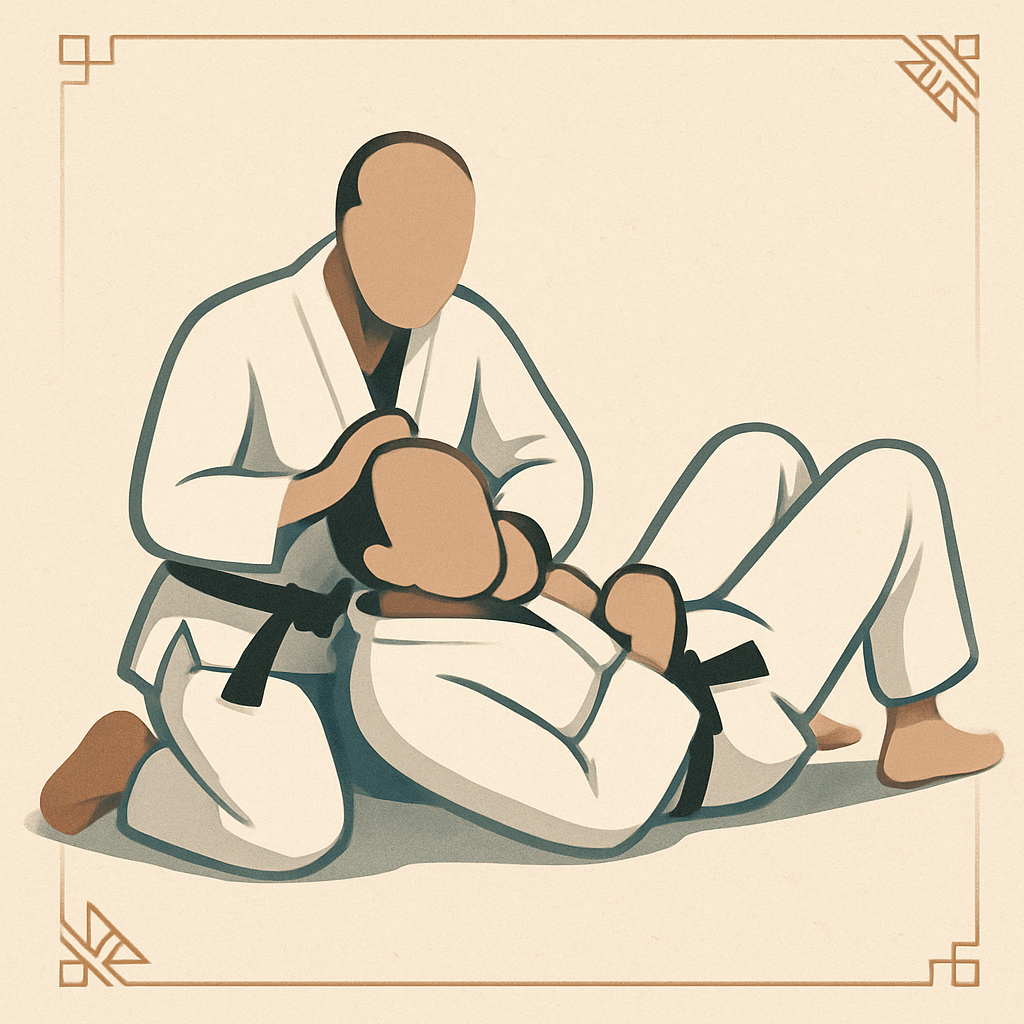 A minimalist, high-quality image for educational content: depict two abstract, faceless figures in clean, modern uniforms demonstrating a classic Jiu-Jitsu grappling technique on a neutral background. Integrate subtle historical elements such as stylized timeline lines or simplified traditional motifs in the corners, blending modern and classic approaches. Use smooth shapes, soft shadows, and a professional color palette. No text or recognizable branding--purely visual, emphasizing Jiu-Jitsu’s definition and historical evolution with an academic tone.