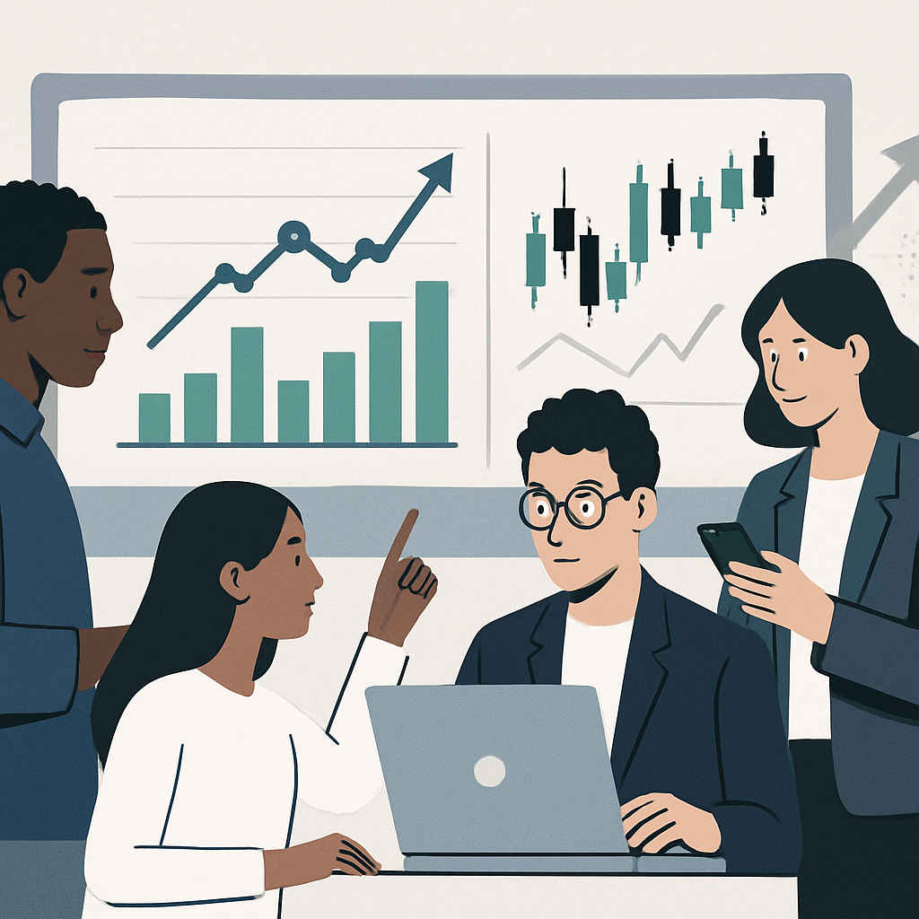A modern, minimalist illustration showing a diverse group of people analyzing stock market charts and financial graphs on digital devices, symbolizing accessibility and guidance in stock investing. The scene should feature clean lines, professional colors, and subtle elements referencing recent investment trends in 2024, such as upward-trending graphs and technology-driven trading, all in a high-quality style suitable for web content. No text or Korean characters.