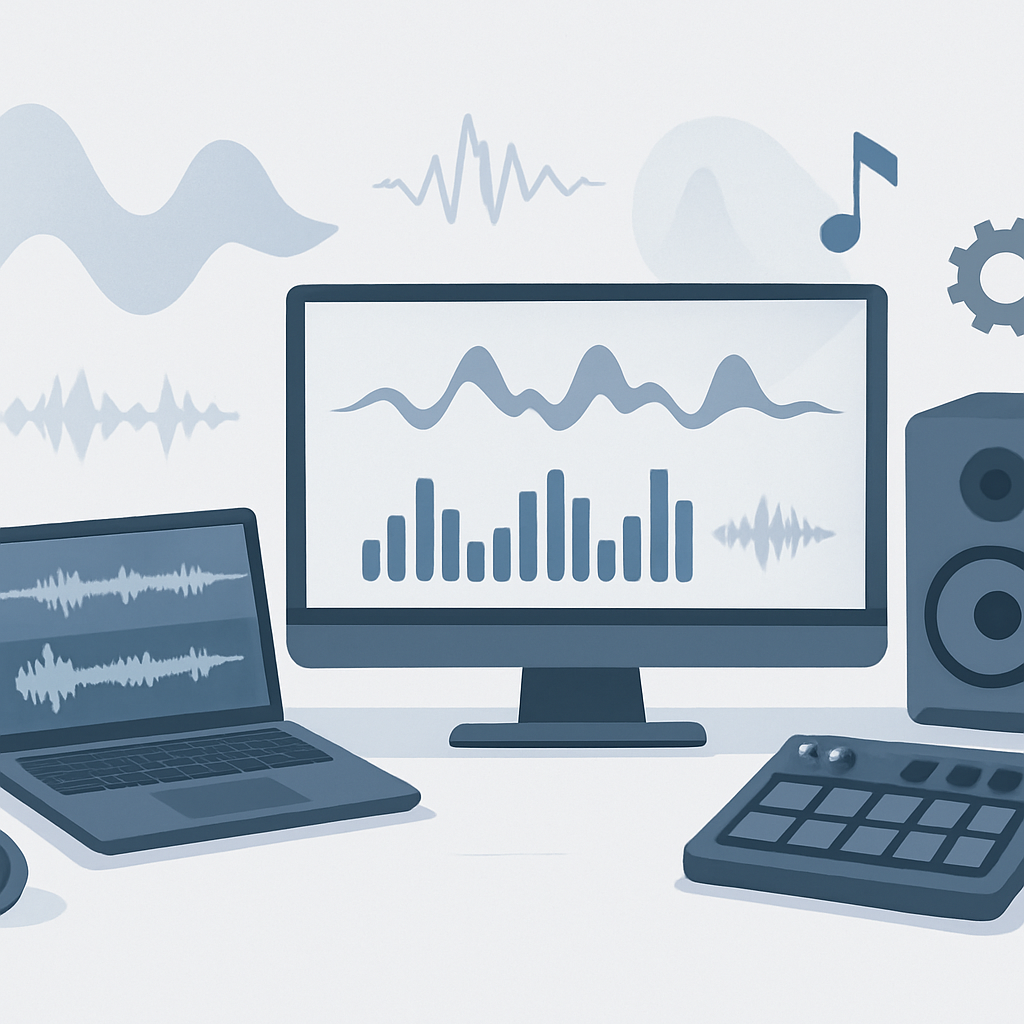 A modern, minimalistic workspace featuring abstract representations of audio waveforms and sound design elements, with sleek digital interfaces and equipment. Visualize a creative process where sound effects and audio editing tools are highlighted, showing layered sound tracks, dynamic equalizer graphics, and conceptual icons for music production. The composition should evoke professional education, focus, and innovation in content creation, using cool, professional colors on a clean background. Avoid text, logos, faces, or recognizable brands, emphasizing a knowledge-driven and learning atmosphere.