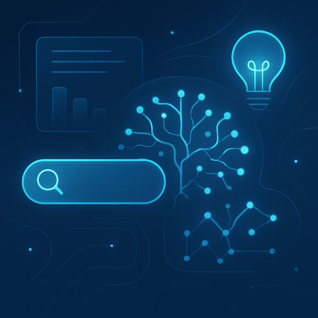 A modern, professional, and minimalistic high-quality illustration representing the concept of advanced AI-powered search technology. Feature abstract, futuristic digital interface elements, glowing neural network patterns, and sleek icons symbolizing search, data analysis, and innovation. Incorporate cool, clean colors and geometric shapes, evoking the feeling of cutting-edge solutions and real-world applications. Avoid text, logos, or brand-specific imagery; ensure the design is suitable for web content and visually communicates comprehensive understanding and comparison of next-generation AI search tools.