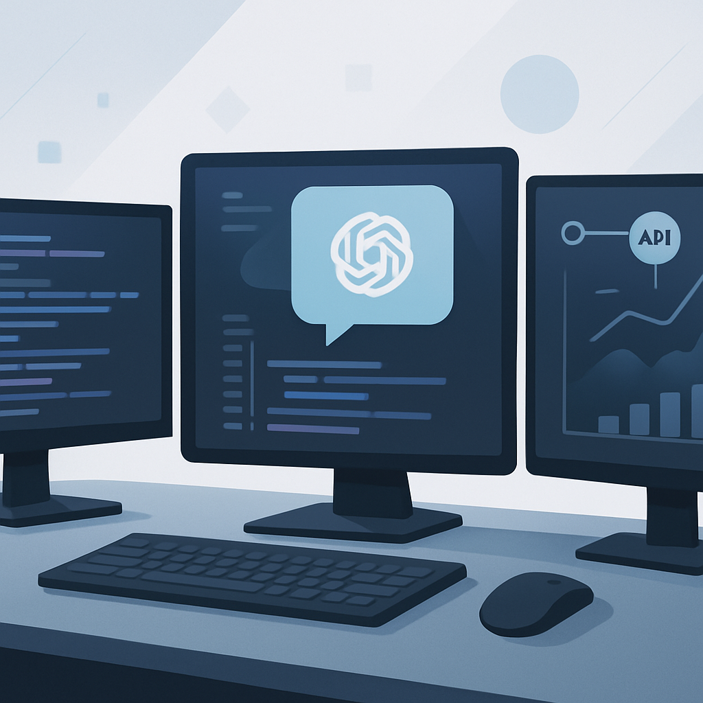 A modern, minimalistic, high-quality web illustration showing a sleek computer desktop workspace with multiple monitors displaying code editors resembling popular IDEs (such as VSCode, Cursor, IntelliJ) integrated with an abstract AI interface. Visual elements include stylized code snippets, API connection symbols, and dynamic cost charts, representing the latest AI-driven coding features, seamless integration, and real-time data. The color scheme is clean, professional, and contemporary, with subtle gradients and geometric shapes. No text or logos, focusing on an advanced coding environment powered by generative AI.