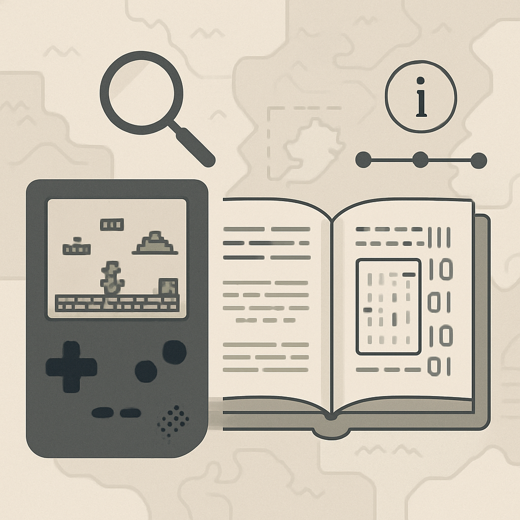 A modern, minimalist educational illustration representing the exploration of classic video game history, translation comparison, and gameplay analysis. The image features stylized pixelated adventure game elements such as a vintage handheld console silhouette, open book with digital data streams, map-like background motifs, and abstract learning icons (magnifying glass, information symbol, timeline). The scene emphasizes a clean, professional layout with neutral colors, clear lines, and no faces, text, or copyrighted imagery, giving a sense of knowledge and discovery suitable for educational content.