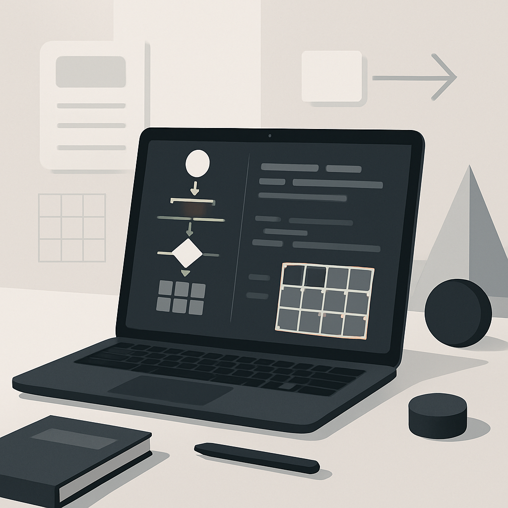 A modern, minimalistic educational scene illustrating algorithmic problem-solving for a coding challenge. Show a neat desktop with open laptop displaying abstract code structures, flowcharts, and grid patterns representing data matrices. Include clean visual cues like arrows and highlighted boxes to depict logical steps, computation, and matrix manipulation. Incorporate sleek geometric shapes and subtle gradients for a professional look. No faces, text, or brand names. The overall atmosphere should be focused, organized, and dedicated to learning and algorithmic thinking.