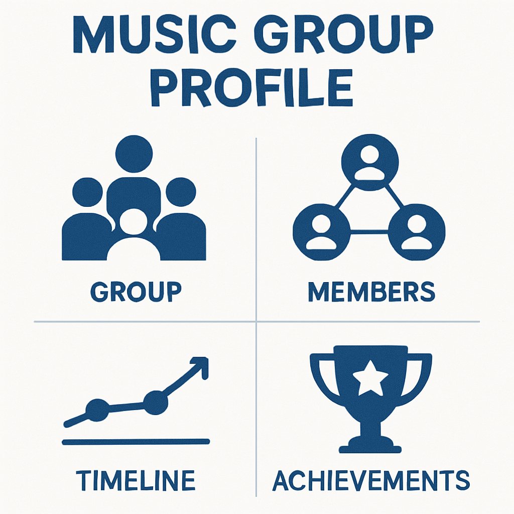 A modern, minimalist infographic representing a structured group profile for a popular music group; abstract icons symbolizing teamwork, member connections, activity timeline, and achievements arranged in a clean, grid layout; sleek blue and white color palette; educational and professional atmosphere; no faces or specific names, perfect for a learning context.