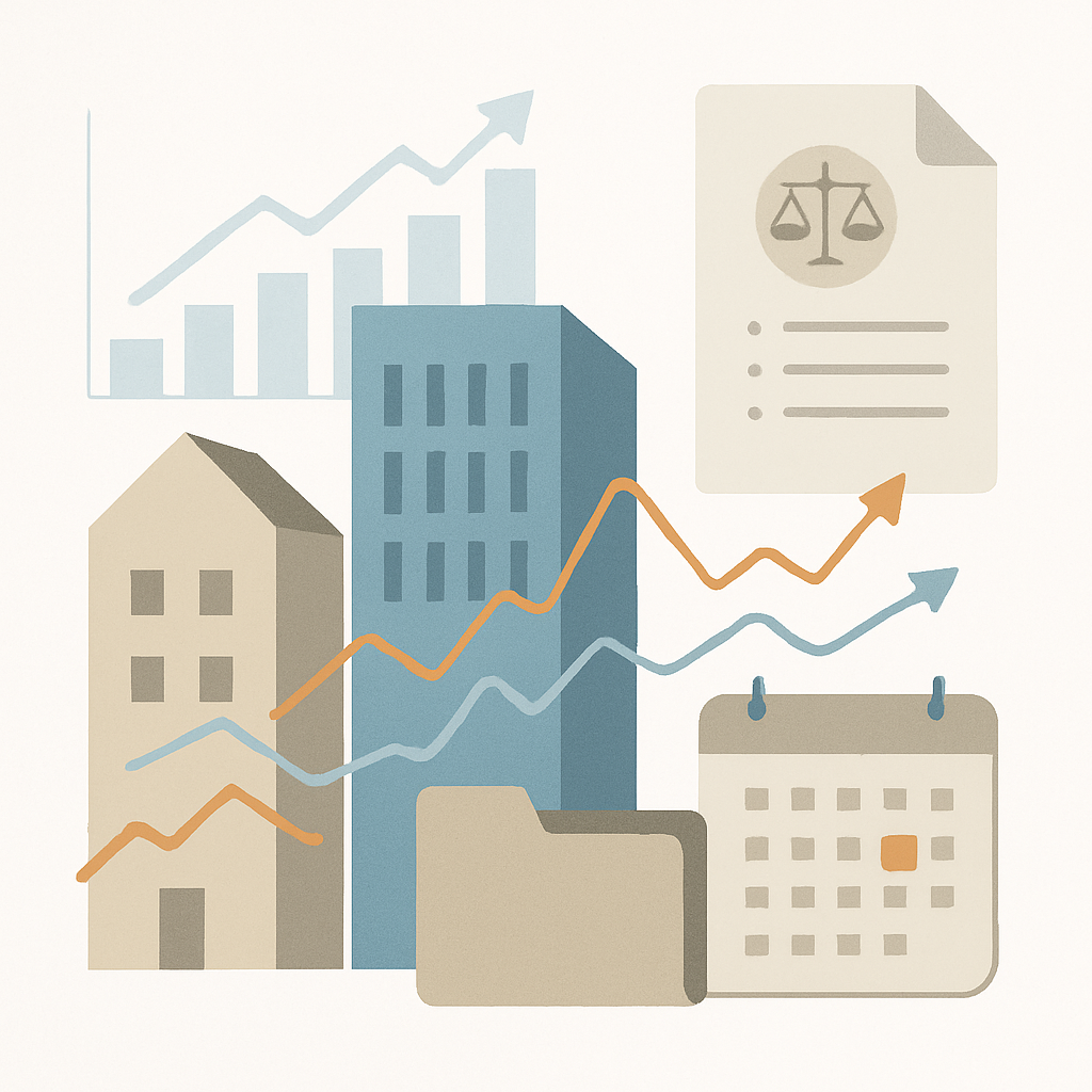 A modern, minimalist illustration of real estate trends and issues for September 2025: stylish abstract buildings, transparent graphs indicating market changes, floating policy documents, and highlighted key events, all arranged on a clean white background with educational elements like elegant folders or analytical icons. No text, people, or brand references; high-quality, professional, and suitable for learning content.