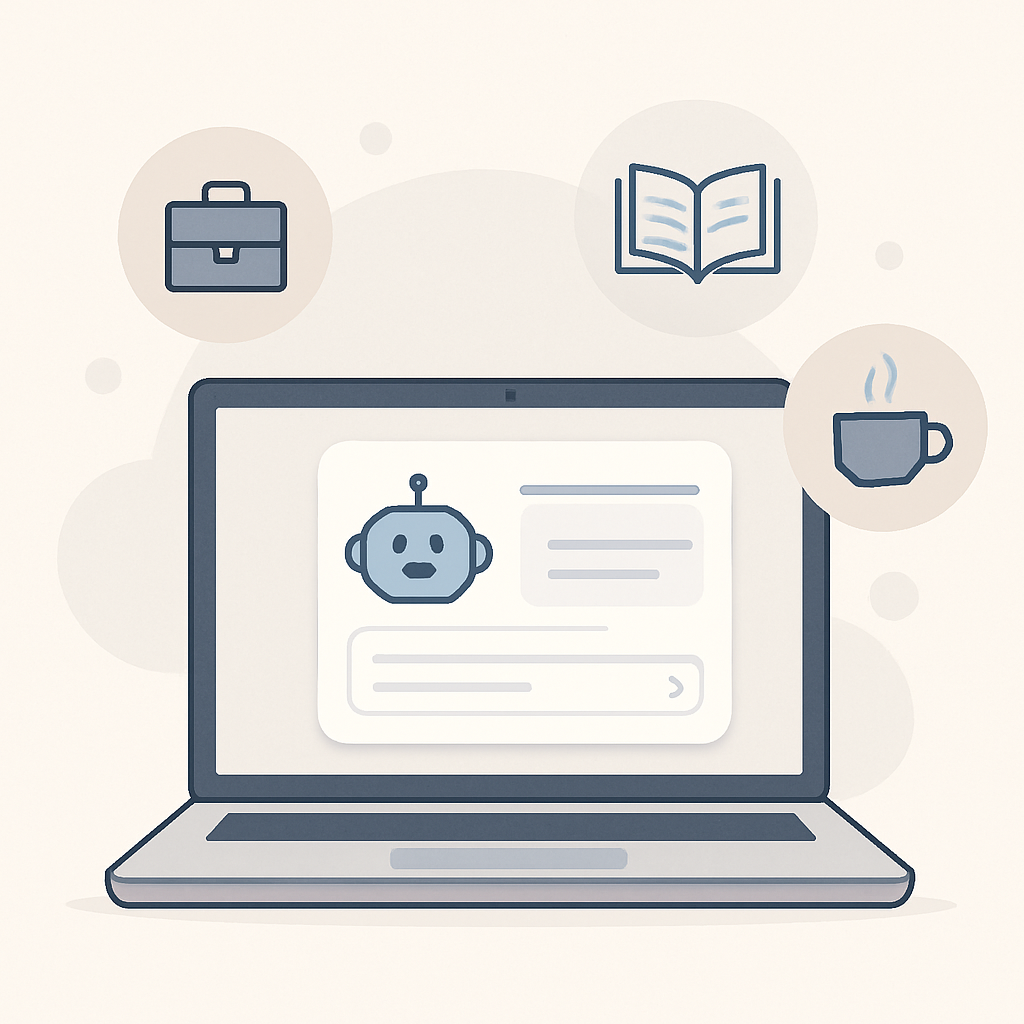 A modern, minimalist illustration showing an AI chatbot interface on a laptop, with abstract icons representing work (briefcase), study (open book), and daily life (coffee cup) flowing around it. The design should be professional, clean, and suitable for web content. No text, no brand names, and no recognizable copyrighted elements; focus on general, stylish symbols to convey productivity, learning, and everyday use. High-quality visual with soft colors and a balanced composition.