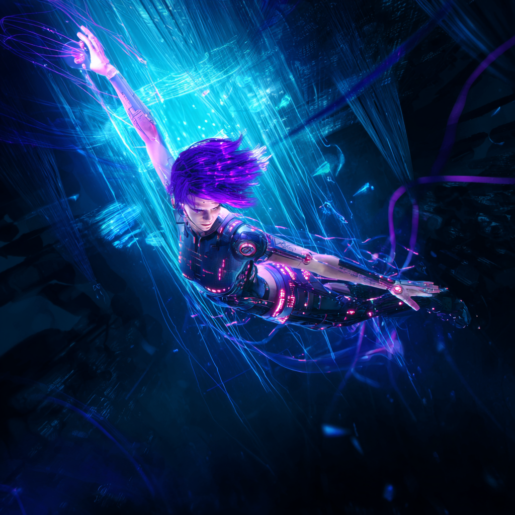 reasonofmoon_Female_cyborg_with_purple_hair_diving_into_cyber_b8e347f2-6e6f-4281-adf9-050d6af21028_1