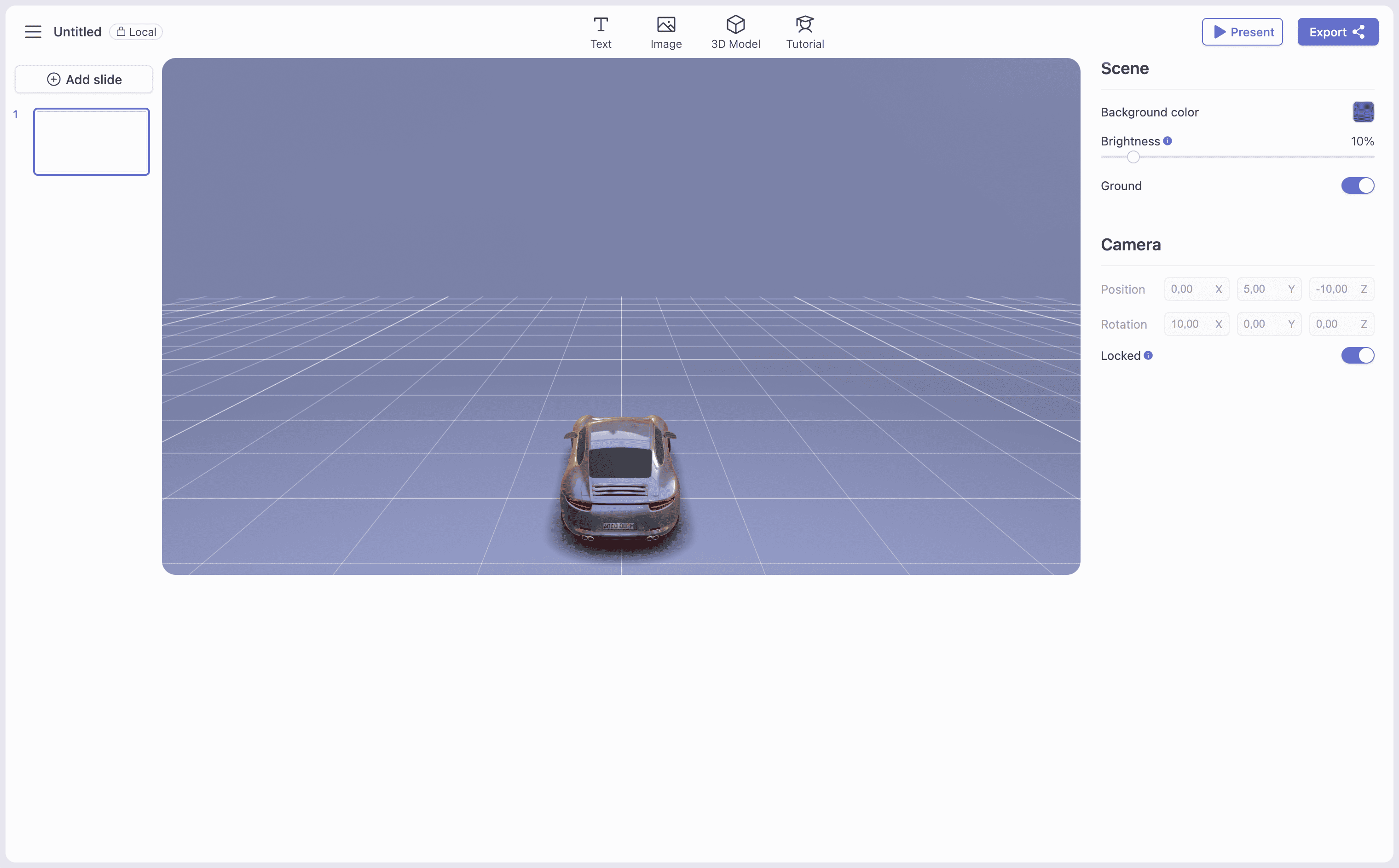 Immersa 데모 화면: 3D 오브젝트와 텍스트 구성 예시