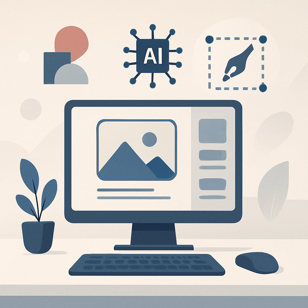A modern, minimalistic flat illustration showing a sleek computer interface on a clean desk, with abstract geometric shapes and creative icons representing AI-powered image generation and editing workflows. The scene conveys an educational and professional atmosphere, with subtle light gradients and a focus on learning and creativity. No text or recognizable brands; the image is high-quality, suitable for digital educational content, without human faces.