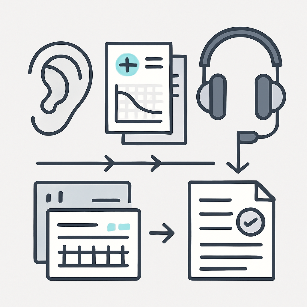 A modern and minimalistic illustration representing the diagnostic process of sudden hearing loss, featuring clean icons of an ear, medical charts, audiometry equipment, and assessment forms arranged in a logical, organized flowchart style. The scene should convey professionalism, clarity, and educational value, with a sleek color palette and no text or facial imagery, suitable for high-quality educational content.
