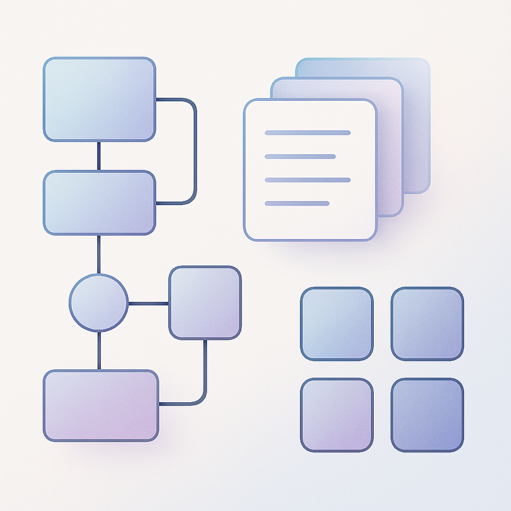 A professional, high-quality, modern, and minimalistic image for a blog about creating effective meta-prompts for AI usage. Feature abstract visual elements such as interconnected flowcharts, layered cards, or structured blocks symbolizing step-by-step guide and prompt engineering. Use soft gradients, clean lines, and sophisticated digital motifs to represent clarity and creativity in AI-powered prompt development. No text or language present, focusing on conveying research, strategy, and practical application visually. Suitable for a web article.